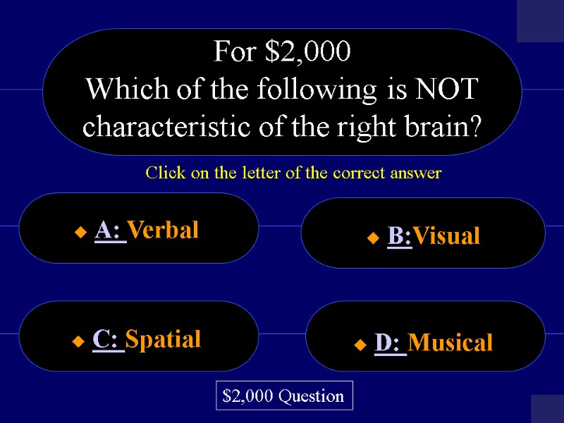 For $2,000 Which of the following is NOT characteristic of the right brain? 